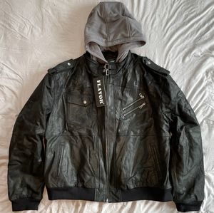 Flavor black 100% pig leather biker jacket detachable hoodie black gray size 4XL